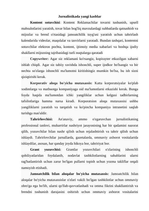 Jurnalistikada yangi kasblar