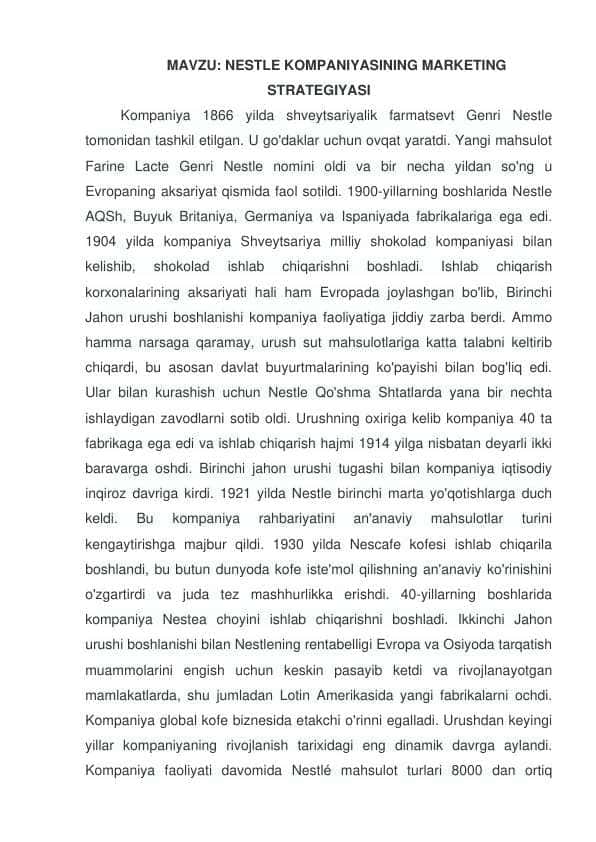 Nestle kompaniyasining marketing strategiyasi