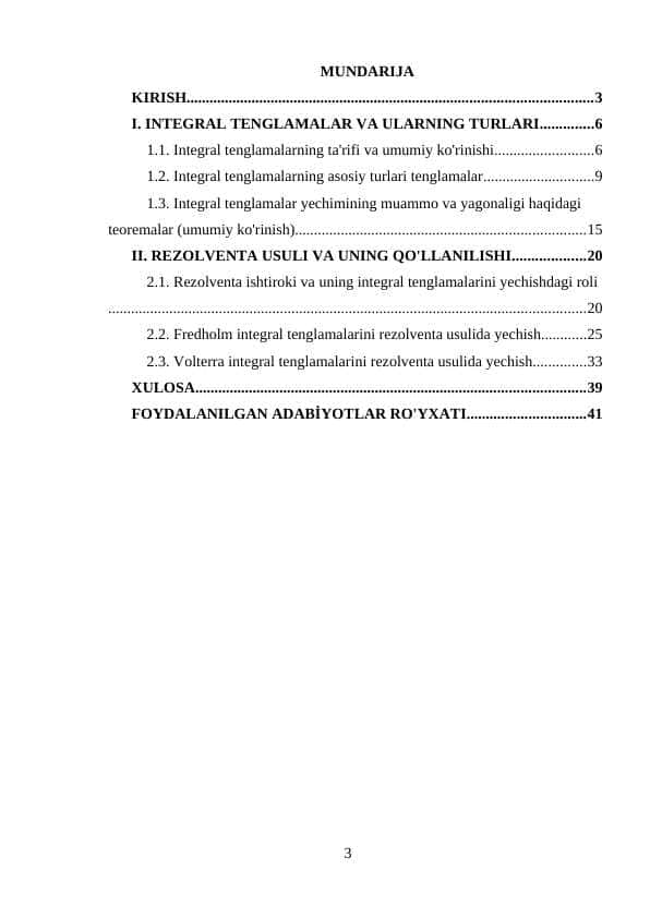 Integral tenglamalarni rezolventa usulida yechish