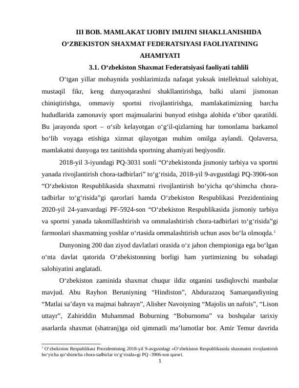 MAMLAKAT IJOBIY IMIJINI SHAKLLANISHIDA O‘ZBEKISTON SHAXMAT FEDERATSIYASI FAOLIYATINING AHAMIYATI