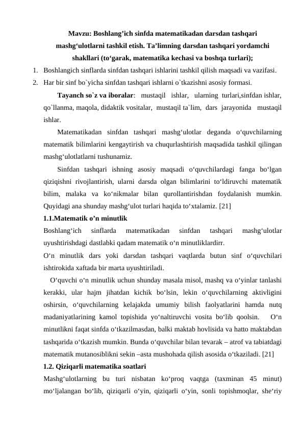 Boshlang’ich sinfda matematikadan darsdan tashqari mashg‘ulotlarni tashkil etish