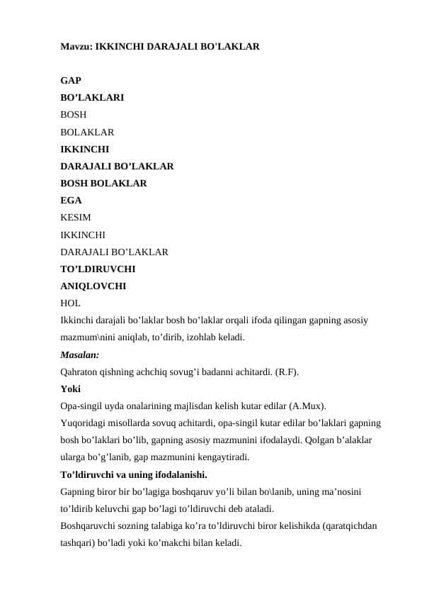 IKKINCHI DARAJALI BO'LAKLAR