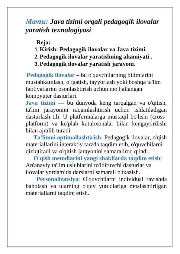 Java tizimi orqali pedagogik ilovalar yaratish
