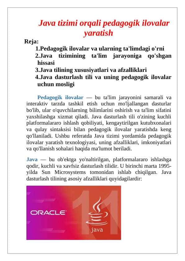 Java tizimi orqali pedagogik ilovalar yaratish texnologiyasi