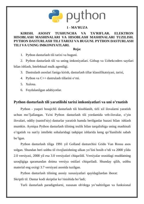 PYTHON DASTURLASH TILI TARIXI VA BUGUNI. PYTHON DASTURLASH TILI VA UNING IMKONIYATLARI.