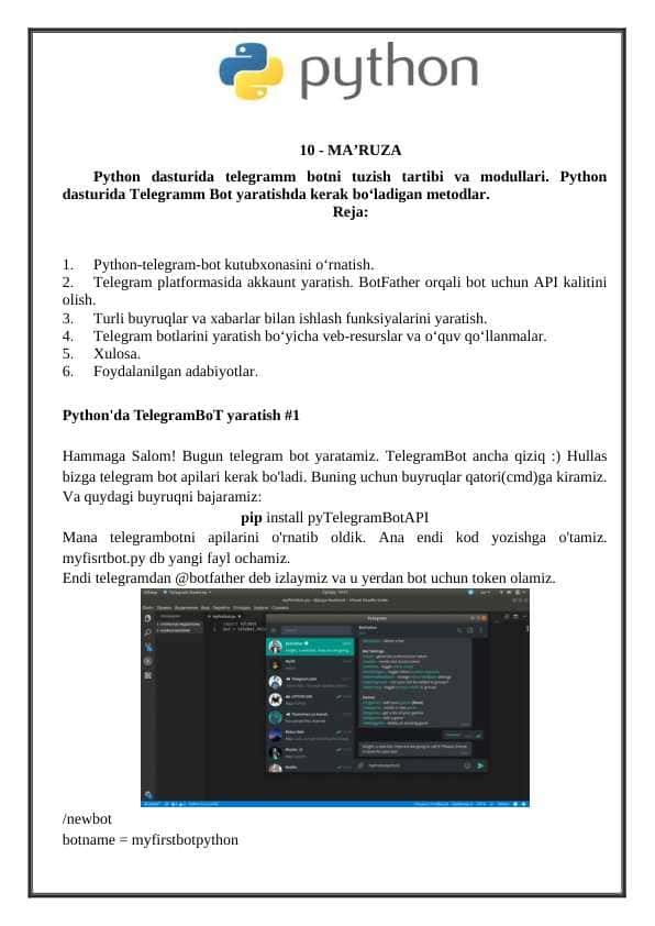 10 Ma'ruza Python dasturida telegramm botni tuzish tartibi va modullari
