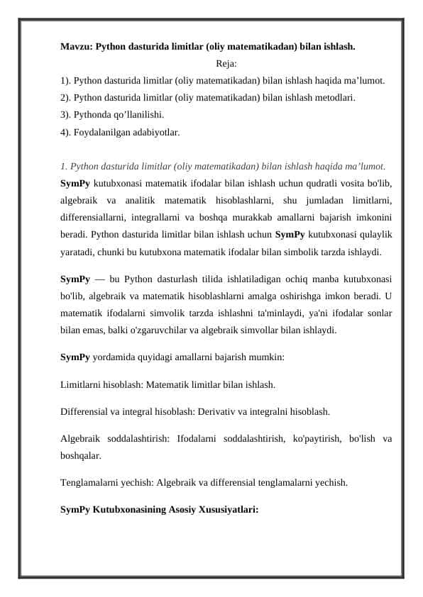 Python dasturida limitlar (oliy matematikadan) bilan ishlash.