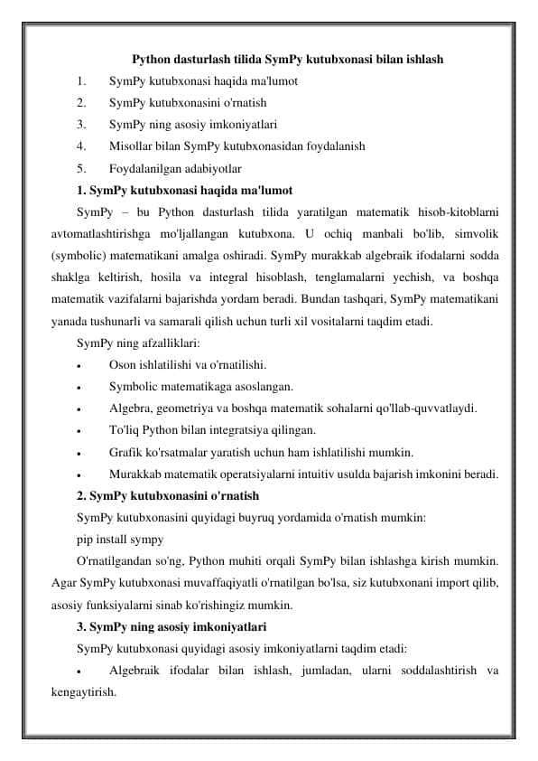 Python dasturlash tilida SymPy kutubxonasi bilan ishlash