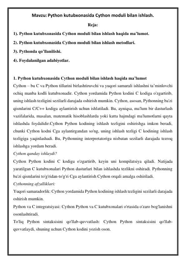 Python kutubxonasida Cython moduli bilan ishlash