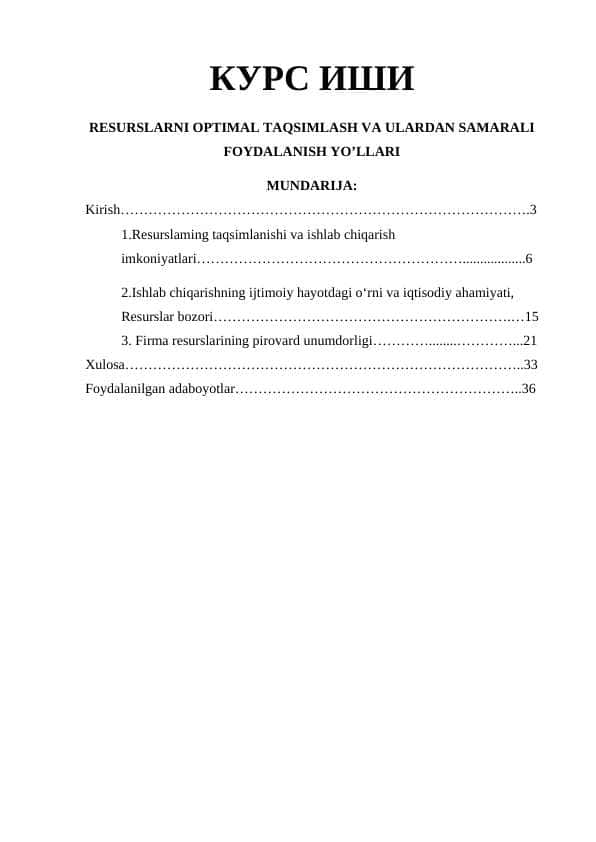 RESURSLARNI OPTIMAL TAQSIMLASH VA ULARDAN SAMARALI FOYDALANISH YO’LLARI