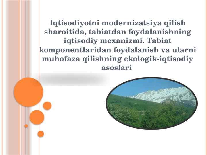 Iqtisodiyotni modernizatsiya qilish sharoitida, tabiatdan foydalanishning iqtisodiy mexanizmi. Tabiat komponentlaridan foydalanish va ularni muhofaza qilishning ekologik-iqtisodiy asoslari