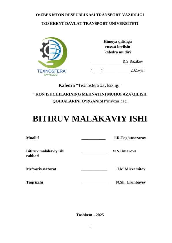KON ISHCHILARINING MEHNATINI MUHOFAZA QILISH QOIDALARINI O‘RGANISH”