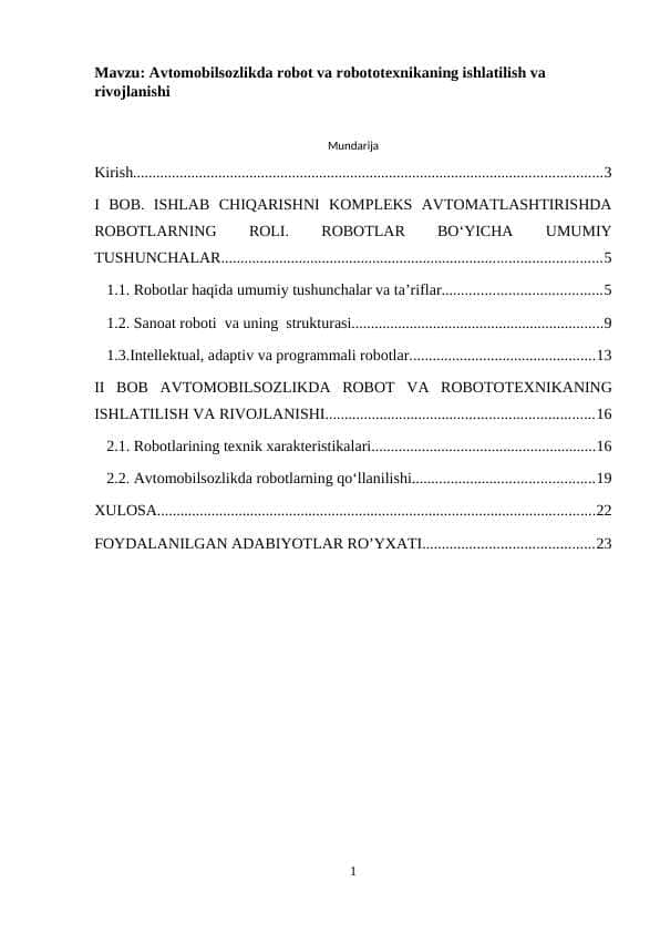 Avtоmоbilsоzlikdа rоbоt va robototеxnikаning ishlаtilish vа rivоjlаnishi