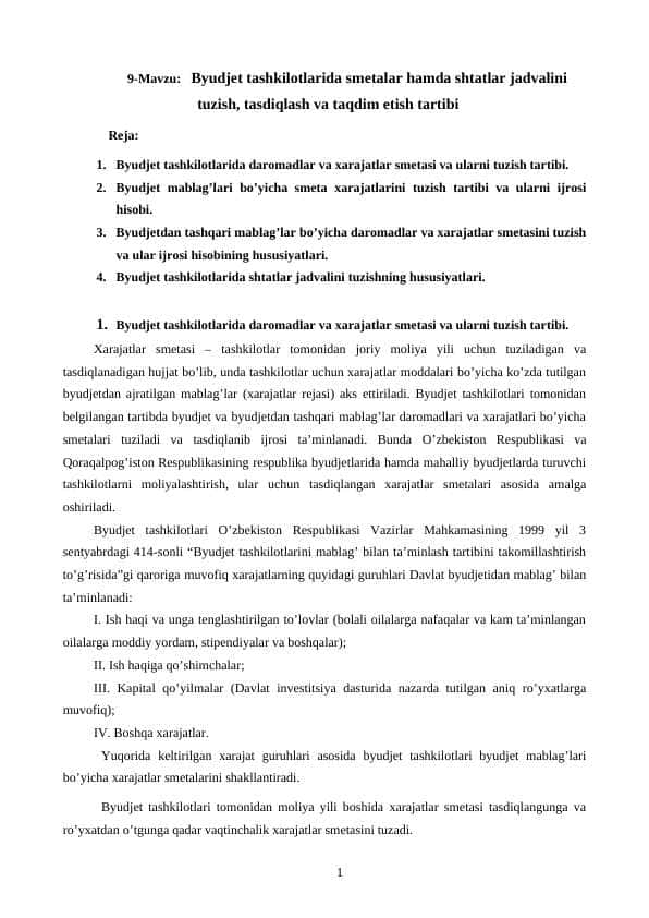 Byudjet tashkilotlarida smetalar hamda shtatlar jadvalini tuzish, tasdiqlash va taqdim etish tartibi