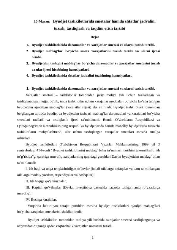 Byudjet tashkilotlarida smetalar hamda shtatlar jadvalini tuzish, tasdiqlash va taqdim etish tartibi