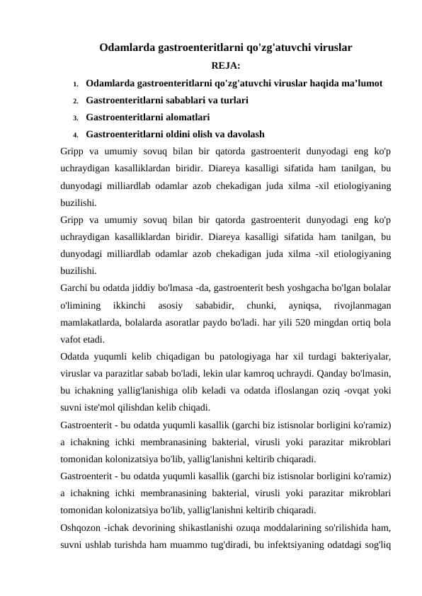 Odamlarda gastroenteritlarni qo'zg'atuvchi viruslar