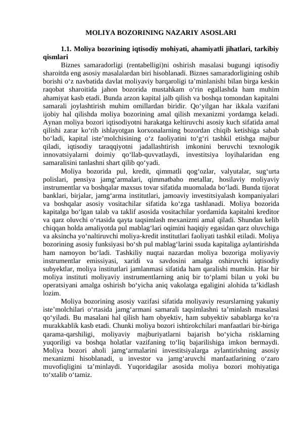 Moliya bozorining nazariy asoslari