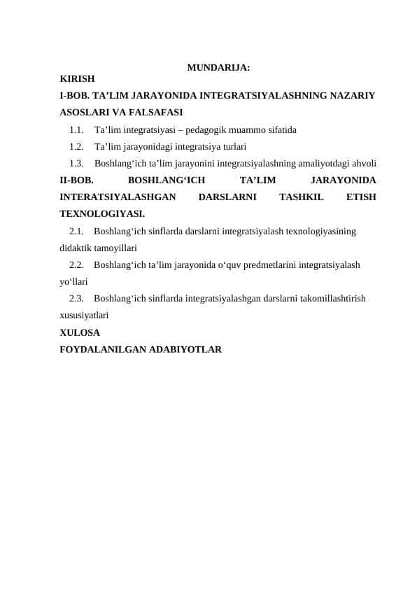 Boshlang‘ich ta’lim jarayonida integratsiyalashgan darslarni tashkil etish