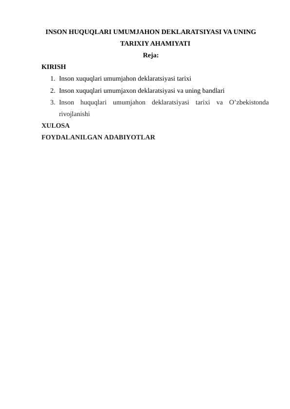 INSON HUQUQLARI UMUMJAHON DEKLARATSIYASI VA UNING TARIXIY AHAMIYATI