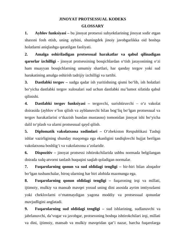 Jinoyat Protsessual Kodeks. Glossary