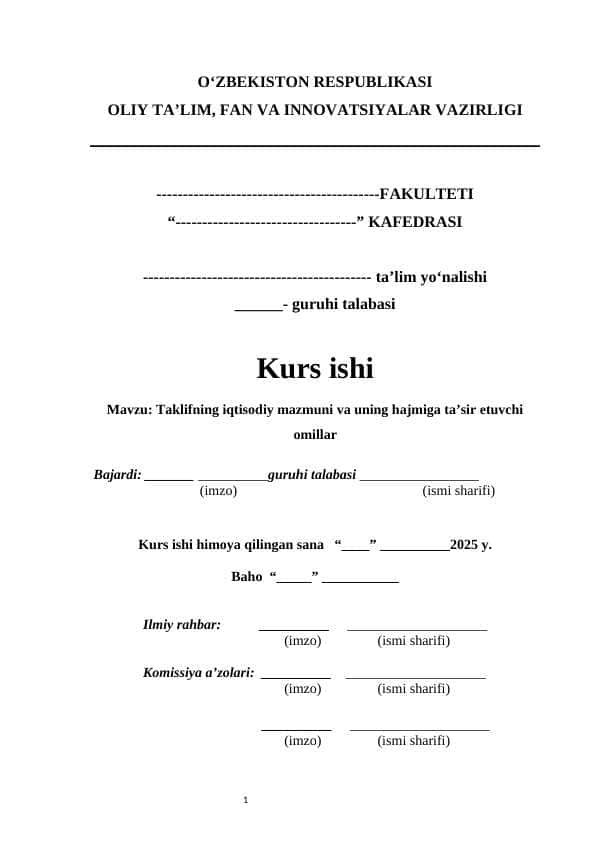 Taklifning iqtisodiy mazmuni va uning hajmiga ta’sir etuvchi omillar