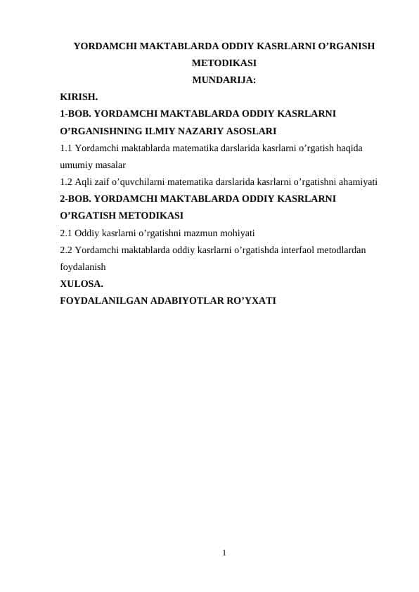 Yordamchi maktablarda oddiy kasrlarni o’rganish metodikasi