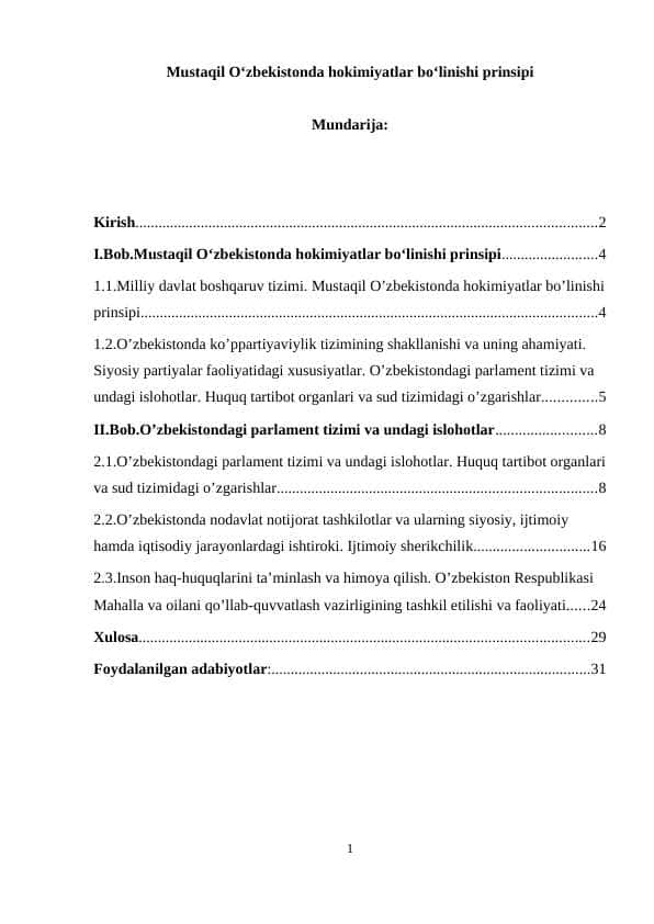 Mustaqil Oʻzbekistonda hokimiyatlar boʻlinishi prinsipi