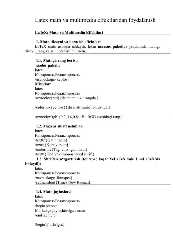 LaTeX matn va multimedia effektlari