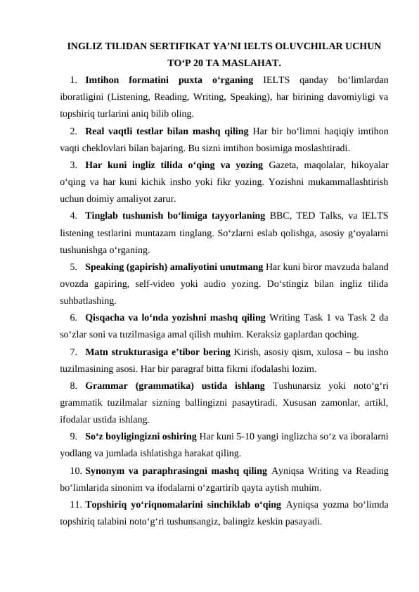 Ingliz Tilidan IELTS Sertifikati Uchun Maslahatlar