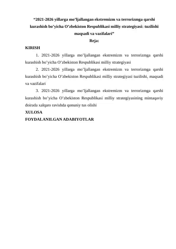 2021-2026 yillarga mo’ljallangan ekstremizm va terrorizmga qarshi kurashish bo’yicha O’zbekiston Respublikasi milliy strategiyasi: tuzilishi maqsadi va vazifalari