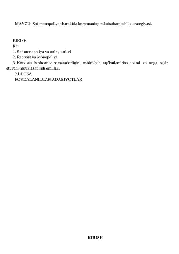 Sof monopoliya sharoitida korxonaning rakobatbardoshlik strategiyasi