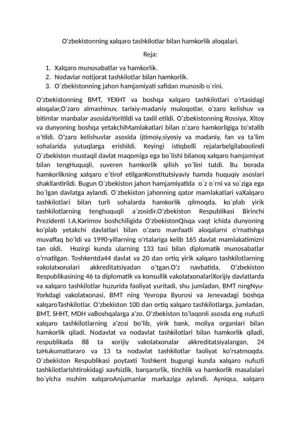 O‘zbekistonning xalqaro tashkilotlar bilan hamkorlik aloqalari