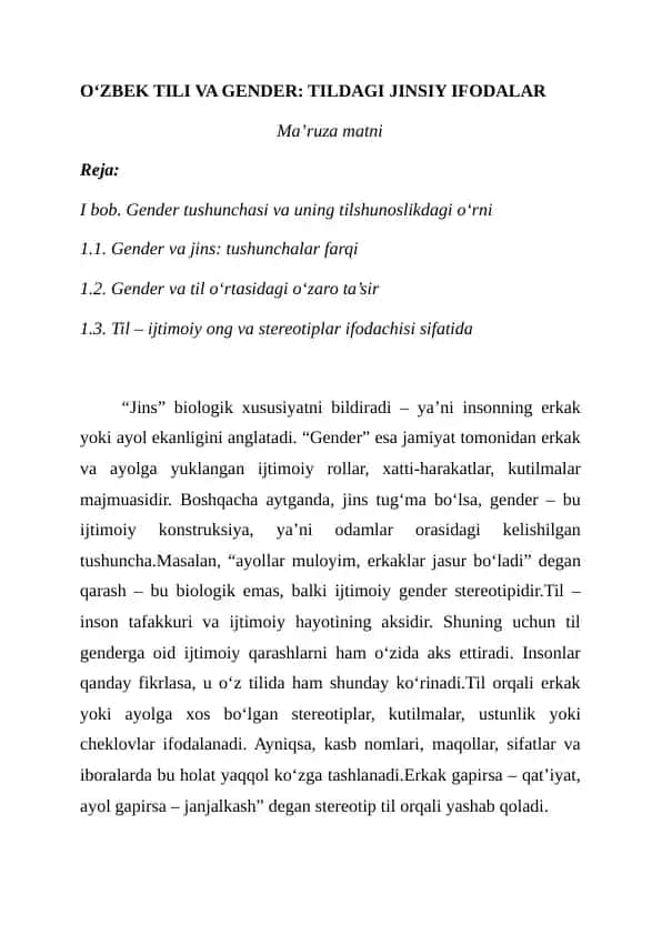 O‘ZBEK TILI VA GENDER: TILDAGI JINSIY IFODALAR