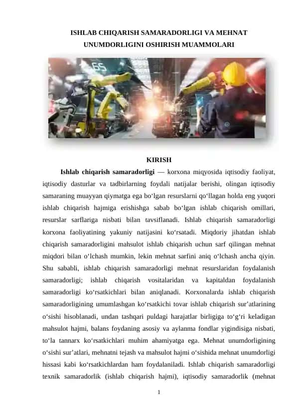 Ishlab chiqarish samaradorligi va mehnat unumdorligini oshirish muammolari