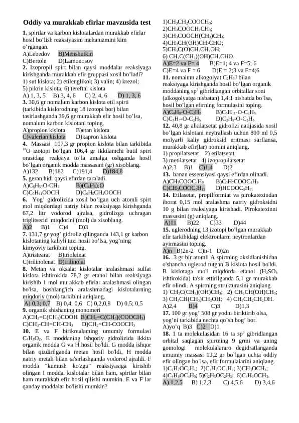 Oddiy va murakkab efirlar mavzusida test