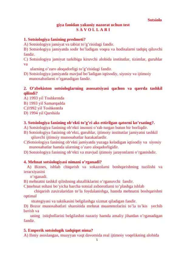 Sotsiologiya fanidan test