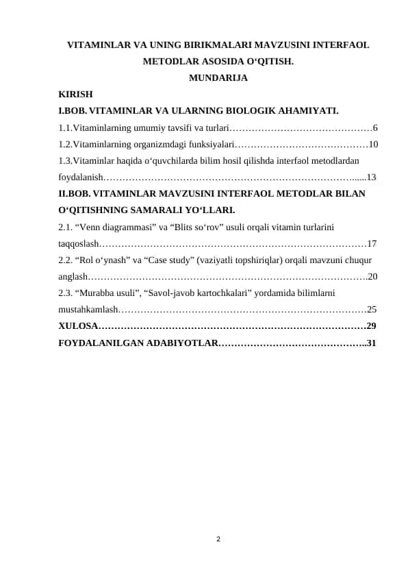 VITAMINLAR VA UNING BIRIKMALARI MAVZUSINI INTERFAOL METODLAR ASOSIDA O‘QITISH