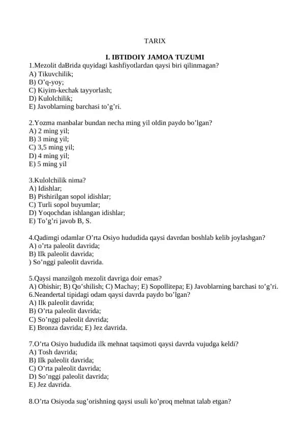 TARIX fanidan test savollari