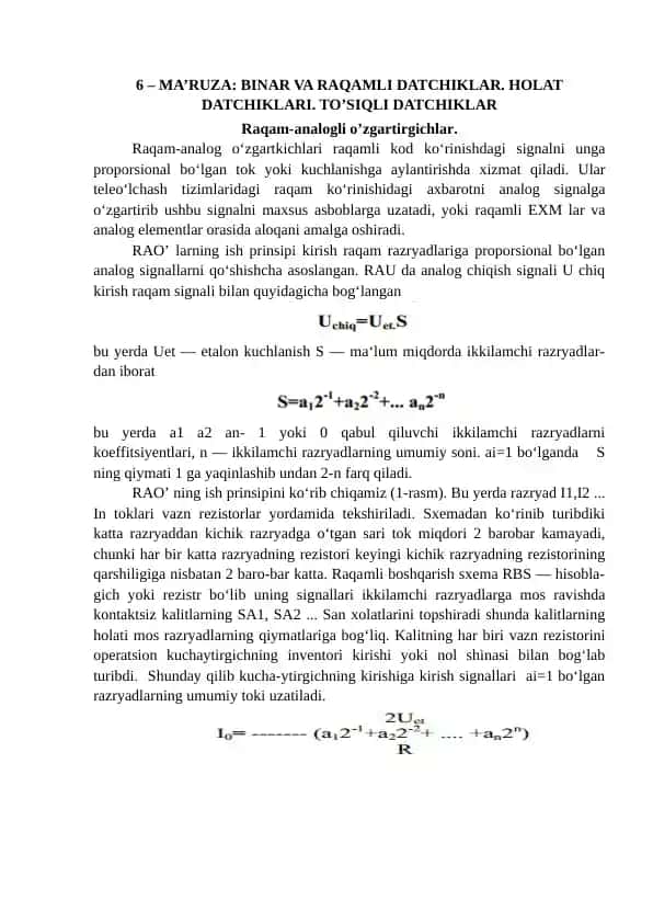 BINAR VA RAQAMLI DATCHIKLAR. HOLAT DATCHIKLARI. TO’SIQLI DATCHIKLAR