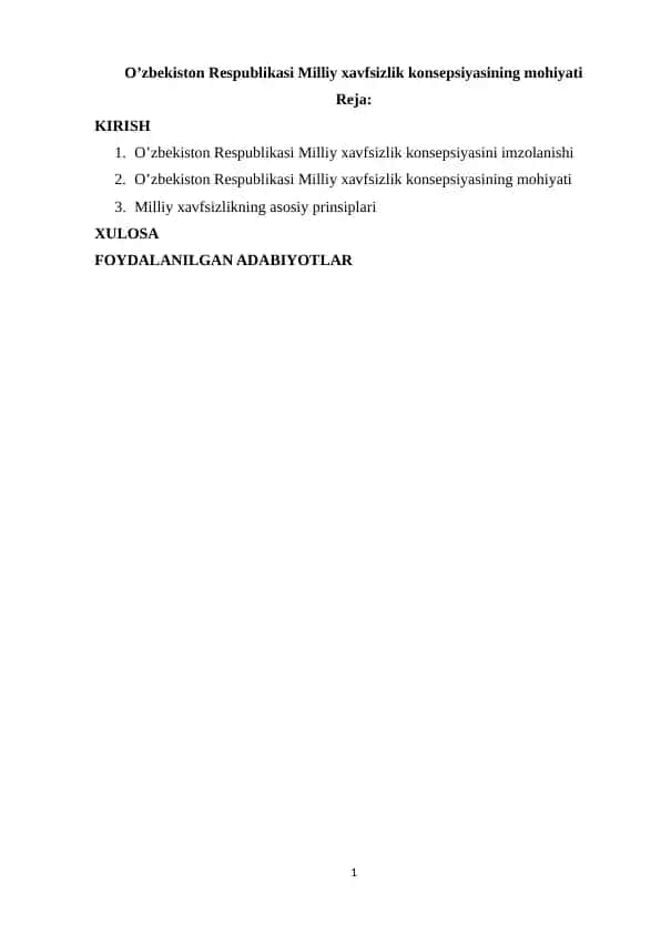 O’zbekiston Respublikasi Milliy xavfsizlik konsepsiyasining mohiyati