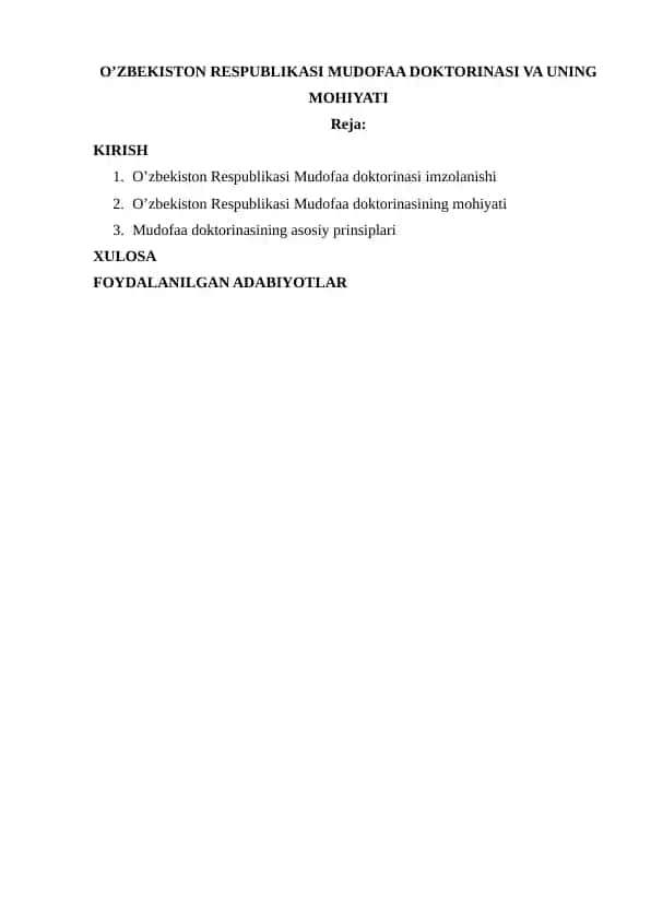 O’ZBEKISTON RESPUBLIKASI MUDOFAA DOKTORINASI VA UNING MOHIYATI