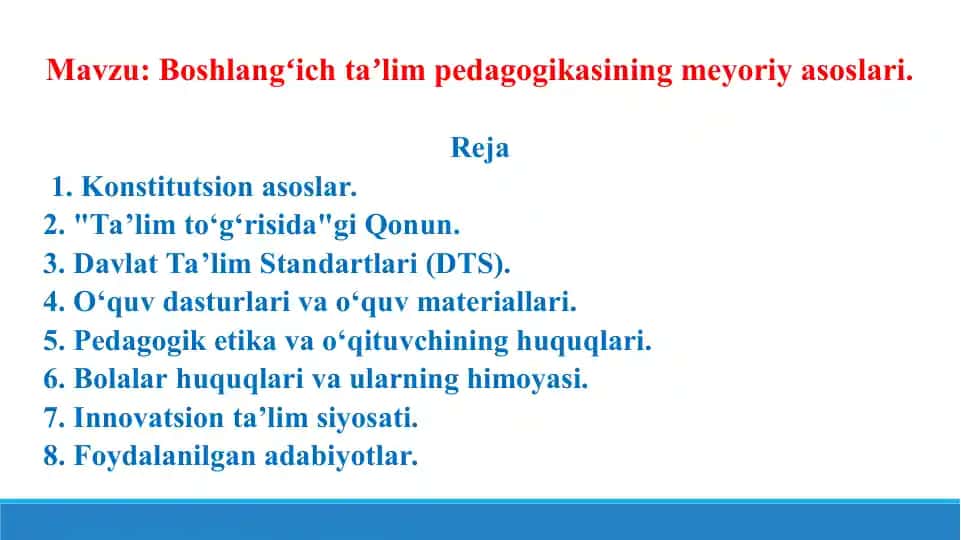 Boshlangʻich taʼlim pedagogikasining meyoriy asoslari. Taqdimot 10 bet.