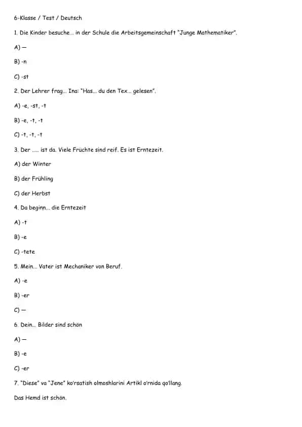 Nemis tili fanidan Test / Deutsch Test