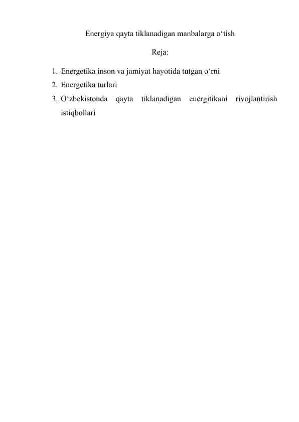 Energiya qayta tiklanadigan manbalarga o‘tish