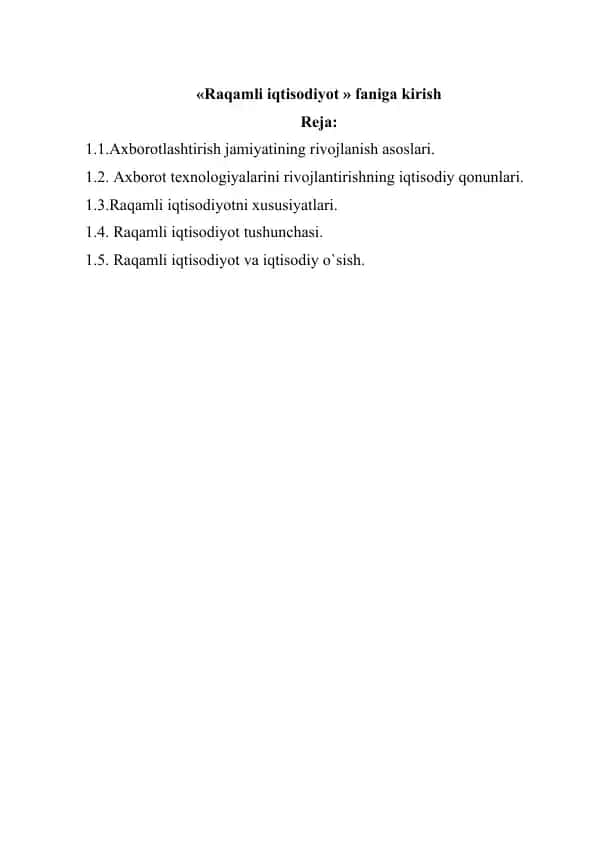 Raqamli iqtisodiyot faniga kirish