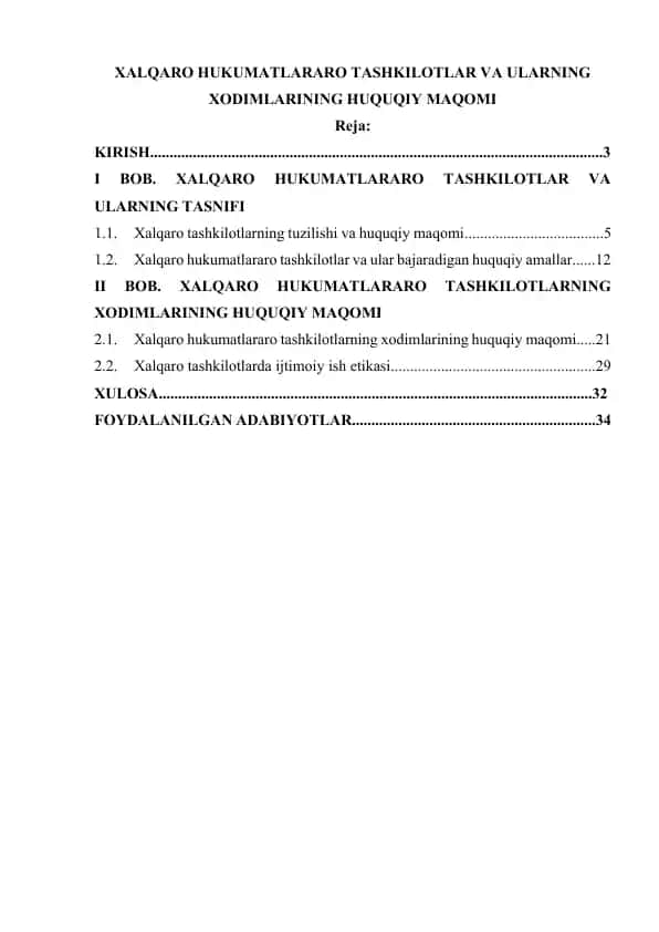 XALQARO HUKUMATLARARO TASHKILOTLAR VA ULARNING XODIMLARINING HUQUQIY MAQOMI