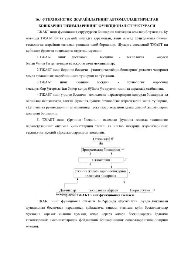 ТЕХНОЛОГИК ЖАРАЁНЛАРНИНГ АВТОМАТЛАШТИРИЛГАН БОШҚАРИШ ТИЗИМЛАРИНИНГ ФУНКЦИОНАЛ СТРУКТУРАСИ