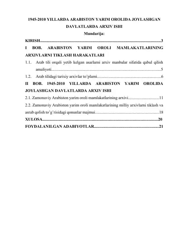 1945-2010 YILLARDA ARABISTON YARIM OROLIDA JOYLASHGAN DAVLATLARDA ARXIV ISHI