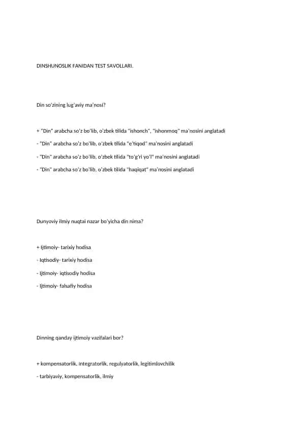 DINSHUNOSLIK FANIDAN TEST SAVOLLARI.