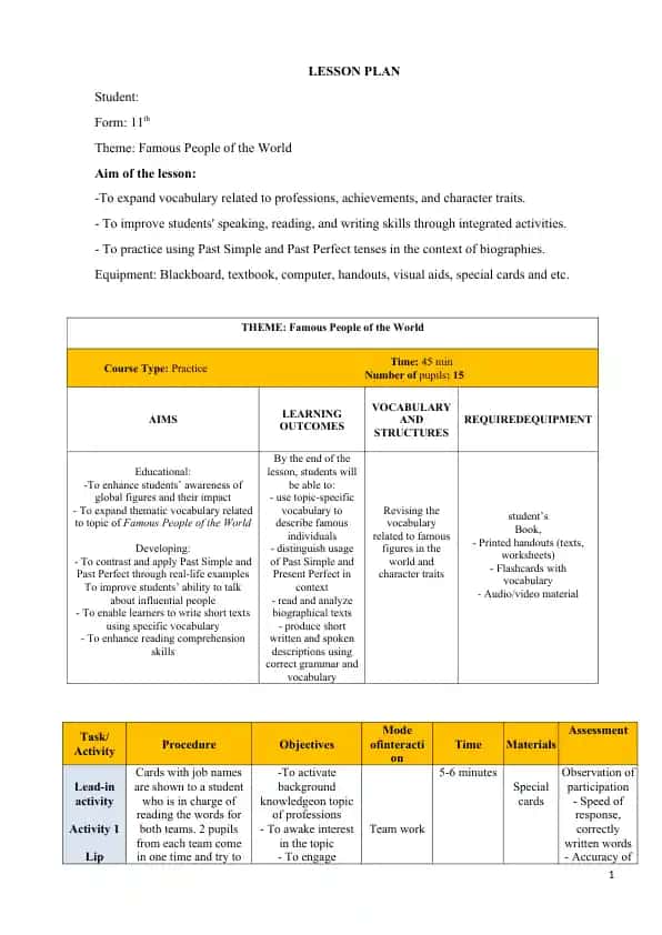 FAMOUS PEOPLE OF THE WORLD LESSON PLAN